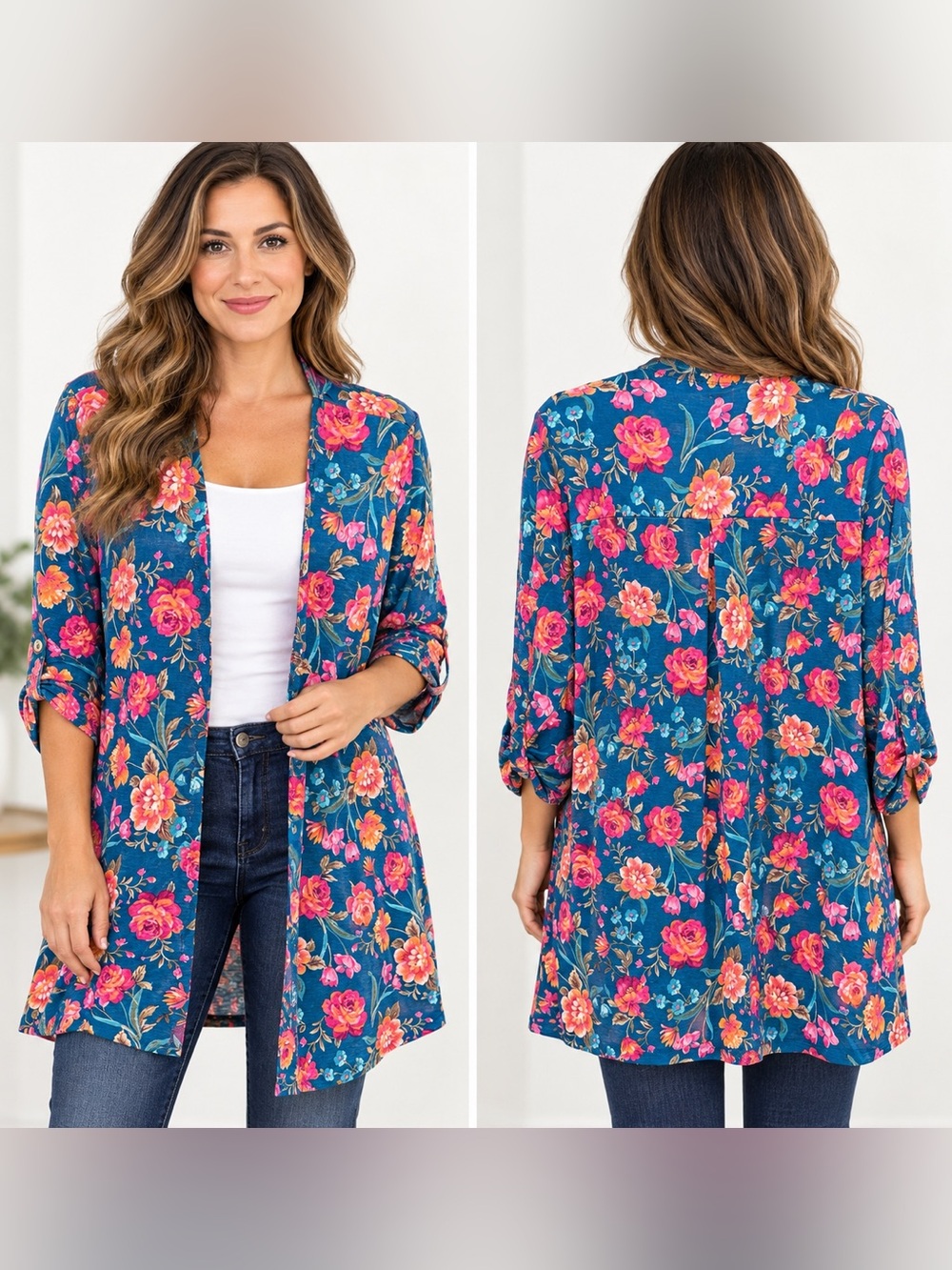 Dear Scarlett Floral Open Front Cardigan Teal Pink Size Small NWT